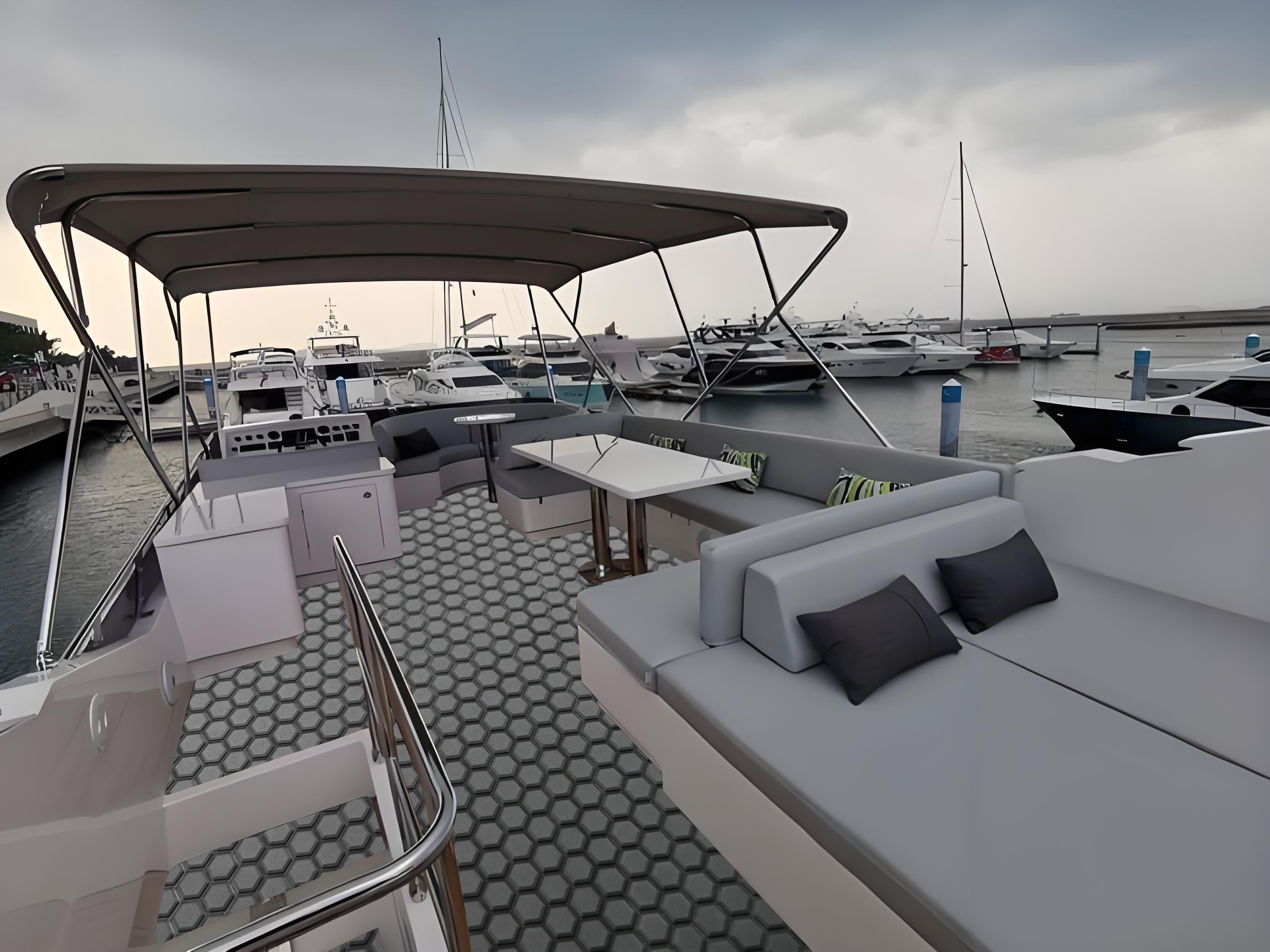 grey and black small hexagon boat flooring